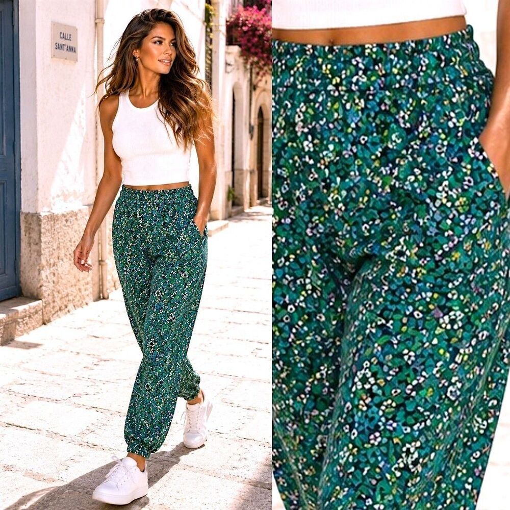 Zara Floral Casual Jogger Pants S Green Cotton Tapered Ankle Cottagecore Weekend